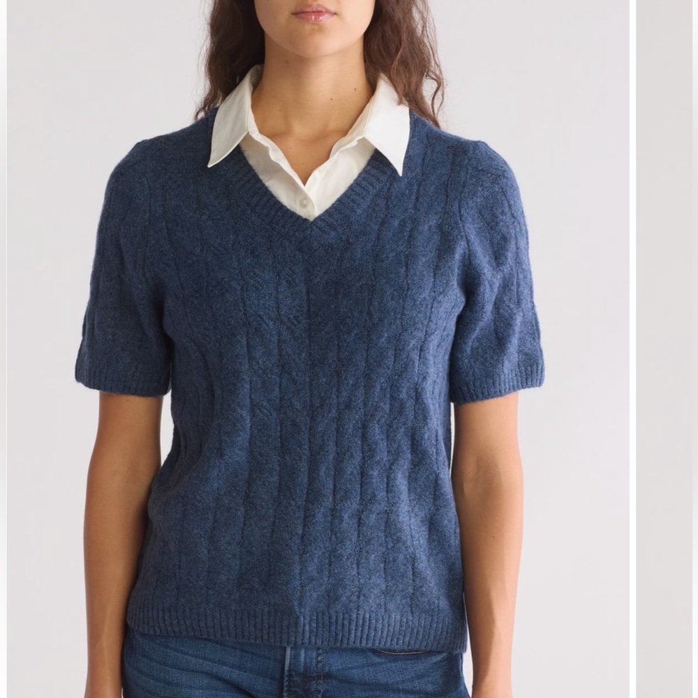 NWT 1.State Women's Short-Sleeve Cable Knit Sweater Dark Blue Size XL